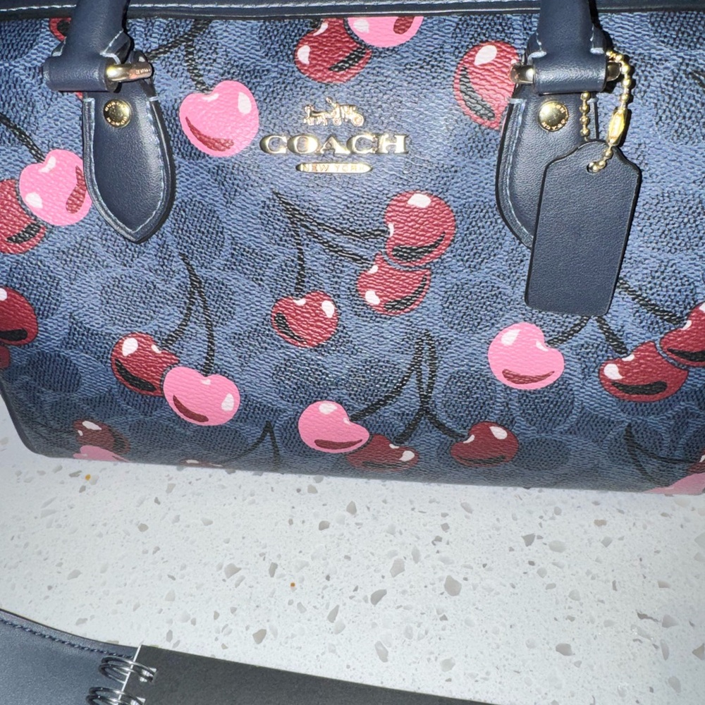 Coach Cherry Print Satchel in Navy and Pink Medium Rowen Notebook & Wallet - Picture 6 of 10